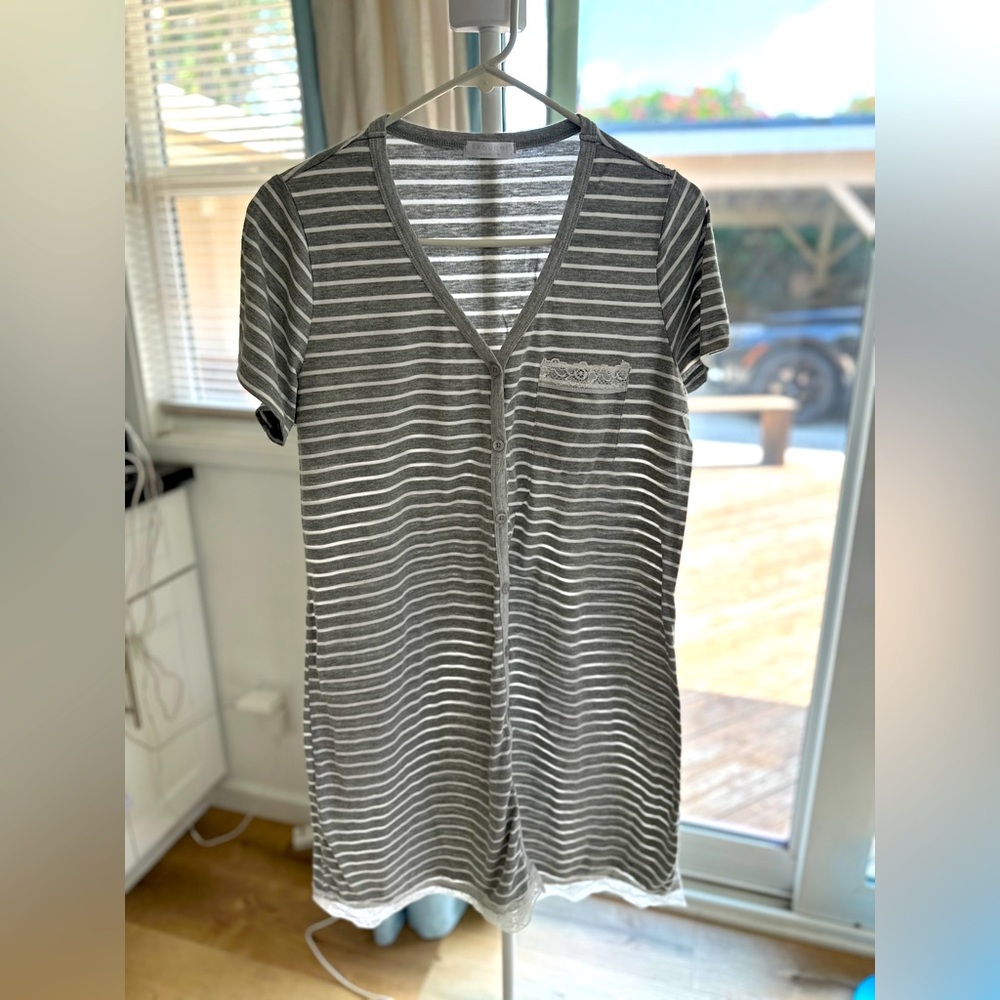 Grey / white stripe nursing nightgown. Size S